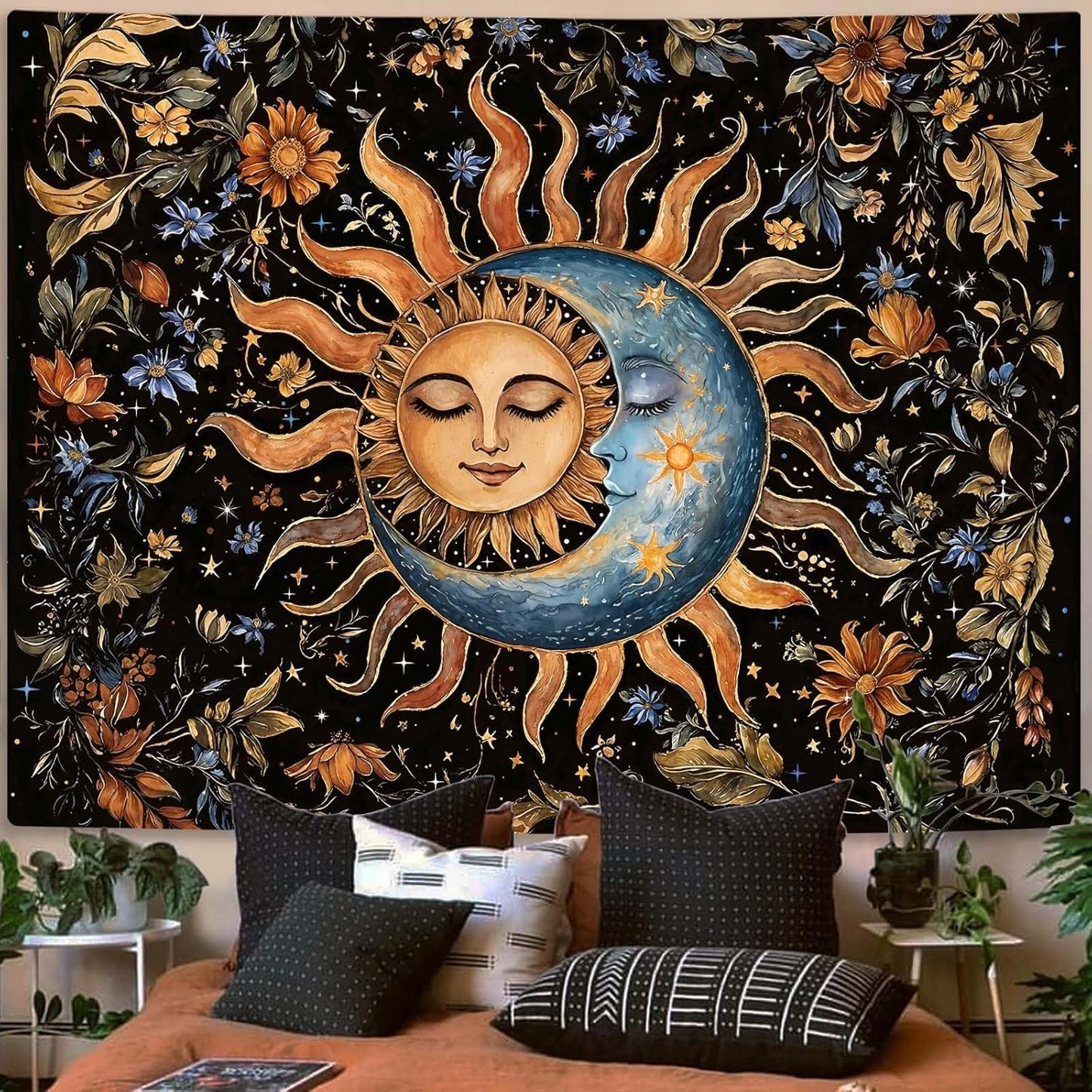 Aipon Sun and Moon Tapestry for Bedroom Boho Vintage Floral Hippie Wall Tapestry Aesthetic Retro Flower Plant Large Tapestries Wall Hanging for Living Room Dorm Decor 80 x 60 Inch
