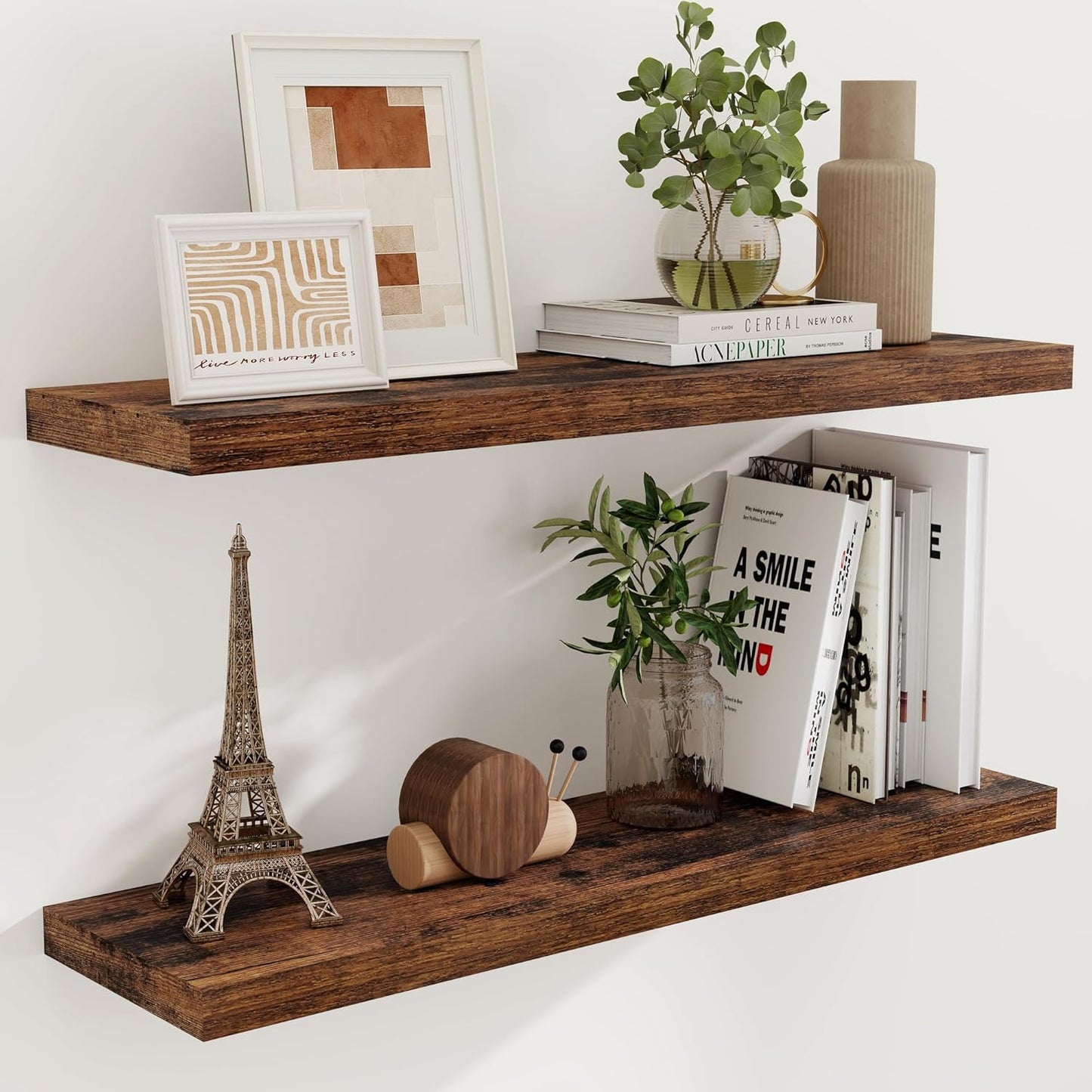 40 Inch Floating Shelvese, 40" W x 9" D Floating Shelf Set of 2, Farmhouse Wood Wall Shelves for Bedroom, Kitchen, Wall Mounted Deep Shelving for Home Decor, Rustic Brown Color