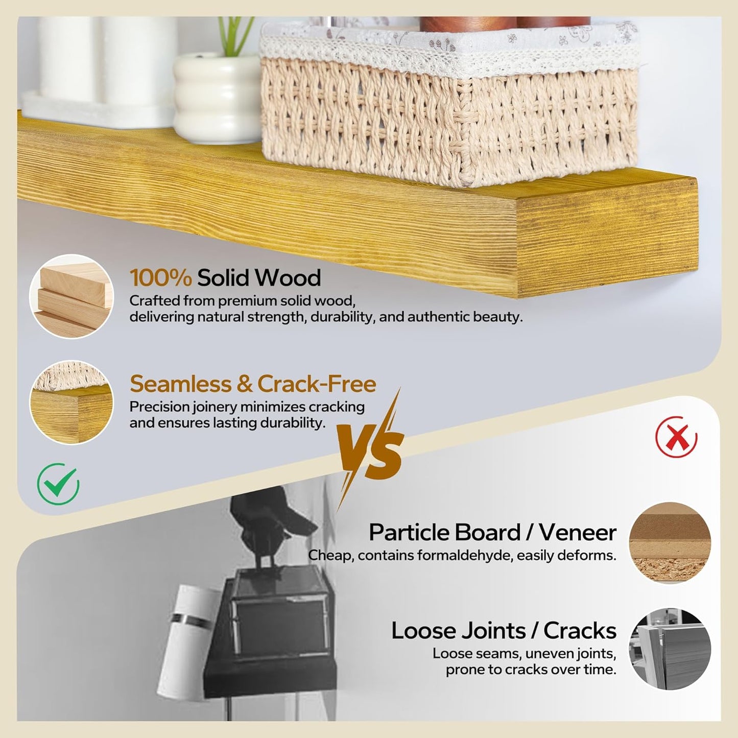 Floating Shelves 3 inch Thick for Wall Set of 2,Solid Pine Wood Wall Mount Shelf for Kitchen Living Room Bedroom Bathroom,8" D x 24" L x 3" H-Gold Oak