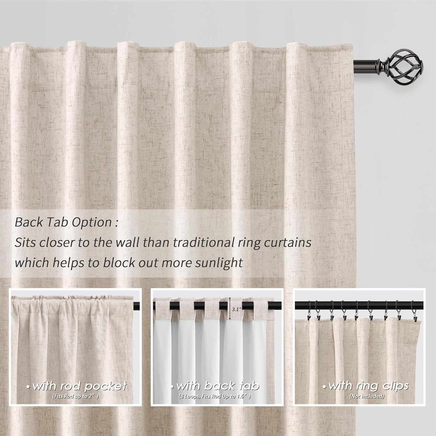BOODII Oatmeal Linen 100% Blackout Curtains 100 Inch Extra Long Room Darkening Light Blocking Thermal Insulated Window Drapes Back Tab for Living Dining Room Nursery Natural Flax Linen Look Curtains