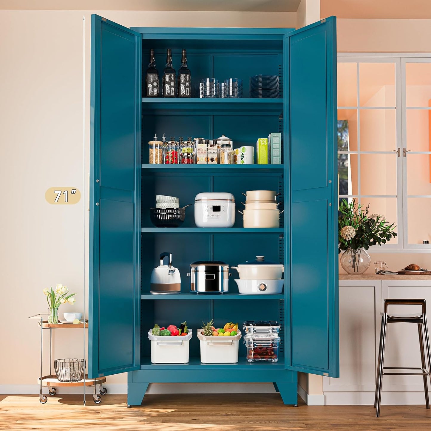 71'' Farmhouse Metal Storage Cabinet with Barn Doors,Steel File Cabinet for Home Office,Kitchen Pantry 4 Adjustable Shelves,Freestanding Cupboard for Kitchen,Home Office (Peacock Blue)