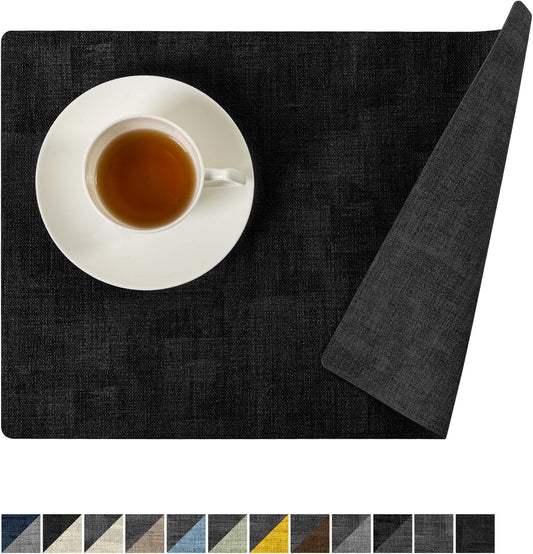 Romanstile Reversible Vinyl Placemats Set of 8, Faux Leather 100% Waterproof Oil-Proof Wipeable Place Mats, Heat Resistant Dual Sided Table Mats for Kitchen/Dining/Party (Grey Black, 12 x 17 Inch)