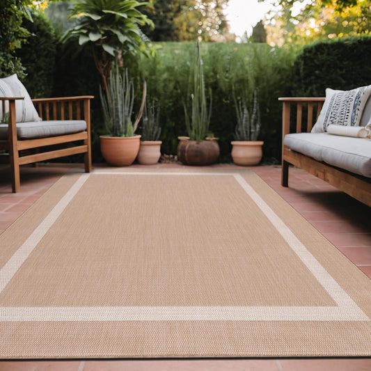 Bordered Outdoor Rug 9x12 Washable Outside Carpet for Indoor Patio Porch Waterproof Easy Cleaning Non Shedding Area Rugs Beige 9 x 12