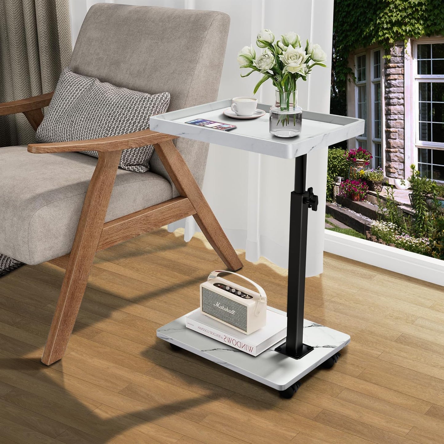 C Table End Table Adjustable Height, 360°Swivel TV Tray Table for Small Spaces, Couch Tables That Slide Under, C Shaped Side Tables Living Room and Bedroom for Sofa, Bed,Chair, Snack (White)