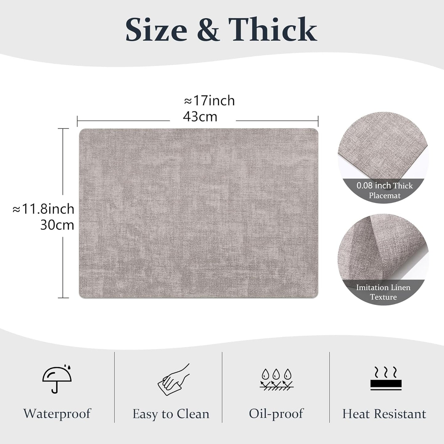 FROMHEART Faux Leather Placemats Set of 8–Waterproof,Heat/Oil Stain-Resistant PU Table Mat–Reversible,Non-Slip,Easy to Clean Place Mats for Kitchen,Dining,Indoor/Outdoor,(Light Grey,11.8" x 17")