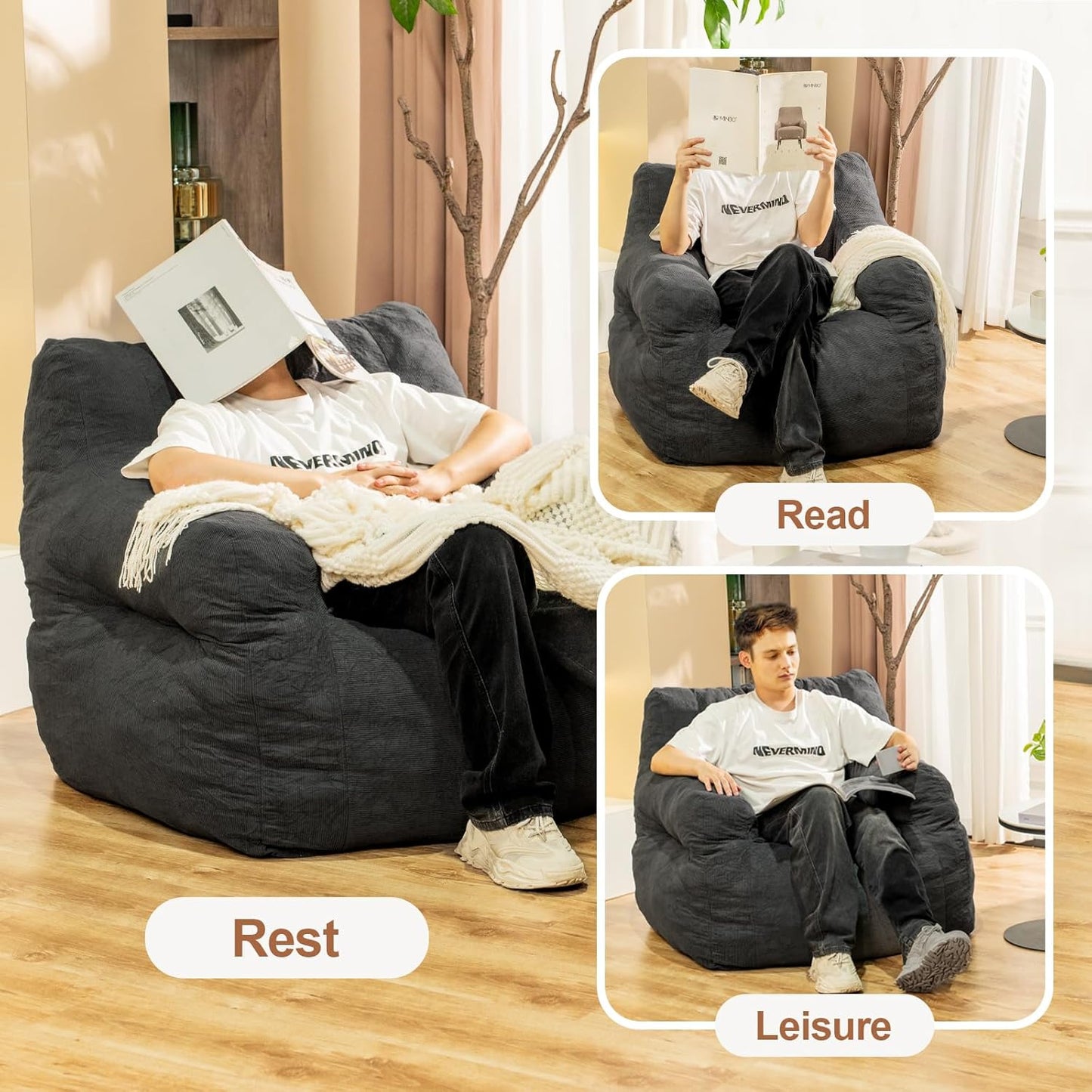 Giant Bean Bag Chair, Large Bean Bag Chair for Adults, Fluffy and Comfy Bean Bag Chair with Filler, Big Bean Bag Sofa Chair for Reading, Stuffed High-Density Foam, Grey