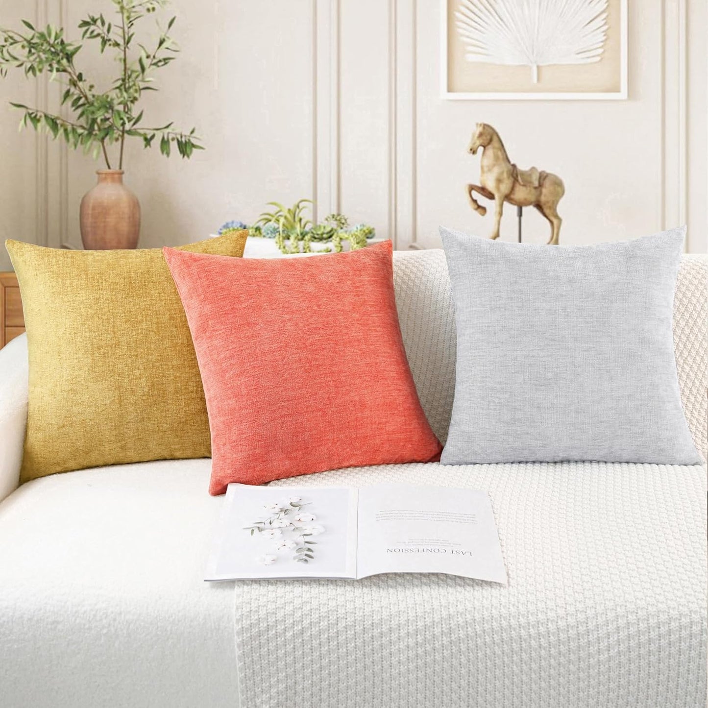 CaliTime Throw Pillow Covers Decorative 24 X 24 Inches Pack of 2 Cozy Chenille Cushion Cases for Couch Sofa Bed Living Room Home Living Coral