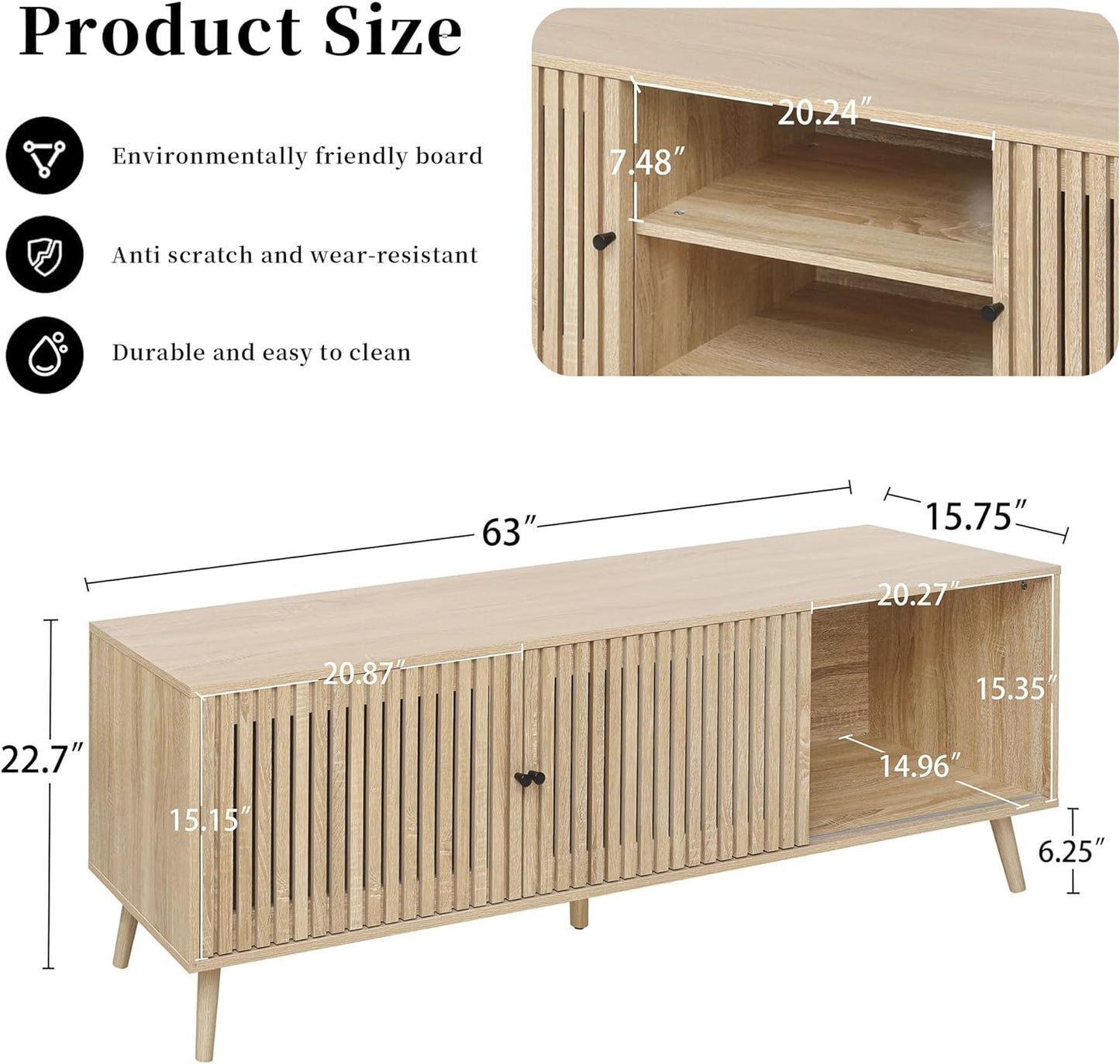 Mid Century Modern TV Stand for Televisions up to 70 Inches, with Sliding Doors and Storage, Television Stands, TV Consoles, Media Consoles for Living Room, 63 Inch (Natural)