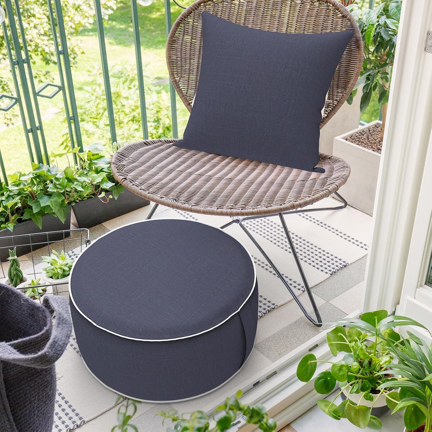 Inflatable Ottoman Stool D21 xH9 for Outdoor/Indoor Use, Water Repellent Patio Foot Rest Stool with Portable Handle,Round Pouf Ottoman Suitable for Garden,Deck and Camping - Textured Navy