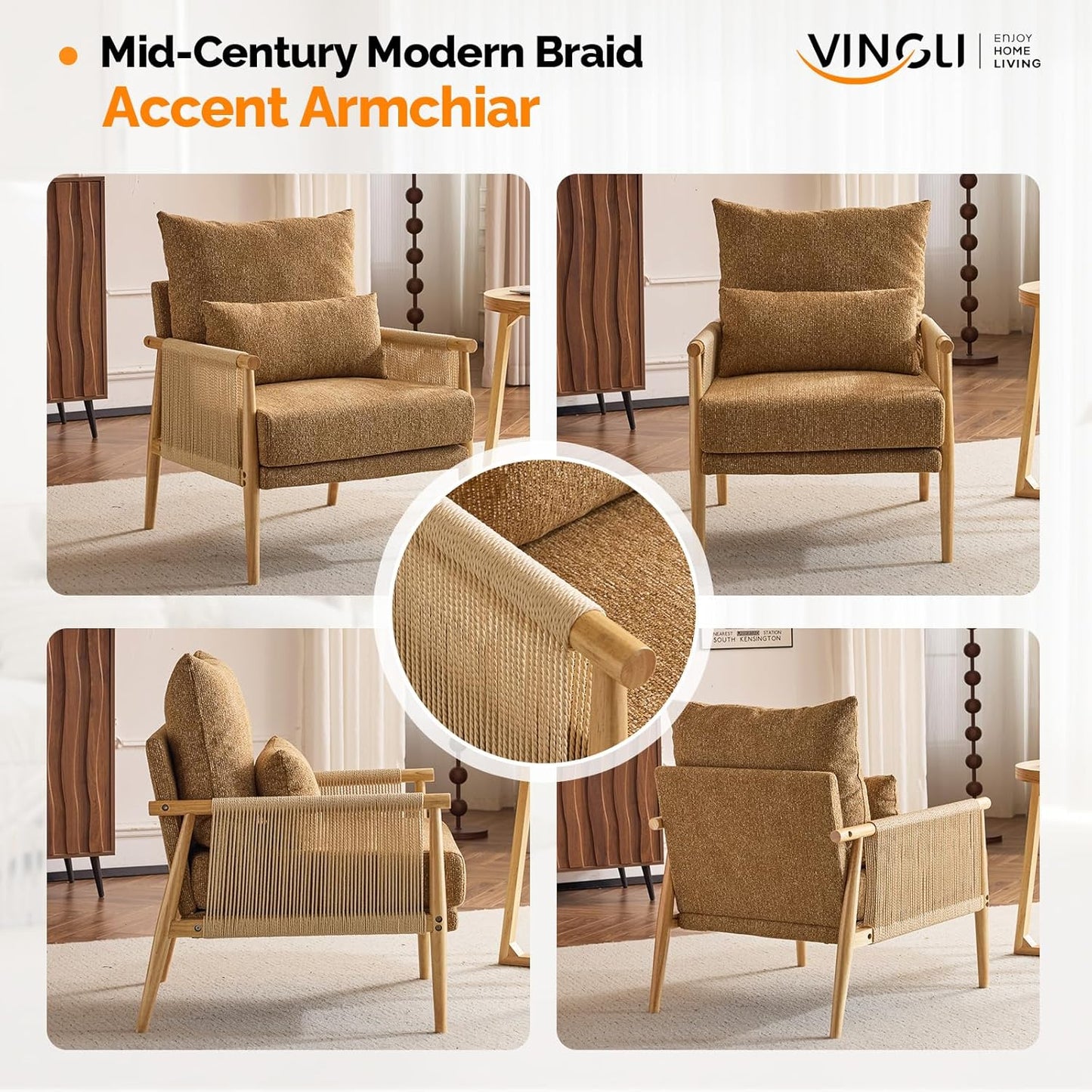 VINGLI Boho Braid Accent Armchairs Set of 2,Mid-Century Modern Chiars with Solid Wooden Armrest,Comfy Louge Cushion Chairs with Waist Pillow for Bedroom,Living Room,Reading Room, Khaki