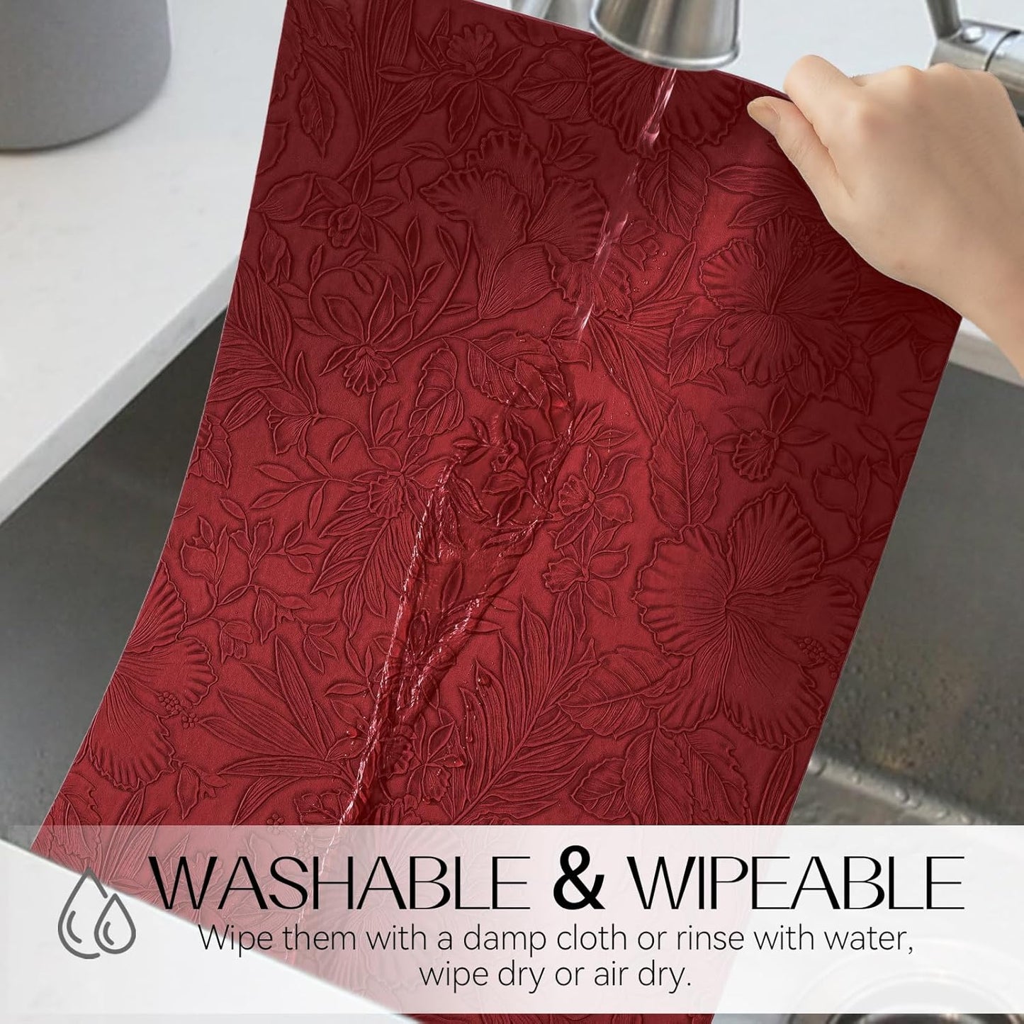 Romanstile Vinyl Placemats Set of 4-12 X 18 Inch - Heat Resistant Non-Slip Embossed Floral Place Mats 100% Waterproof Oilproof Wipeable Faux Leather Table Mats for Kitchen/Dining/Party, Red