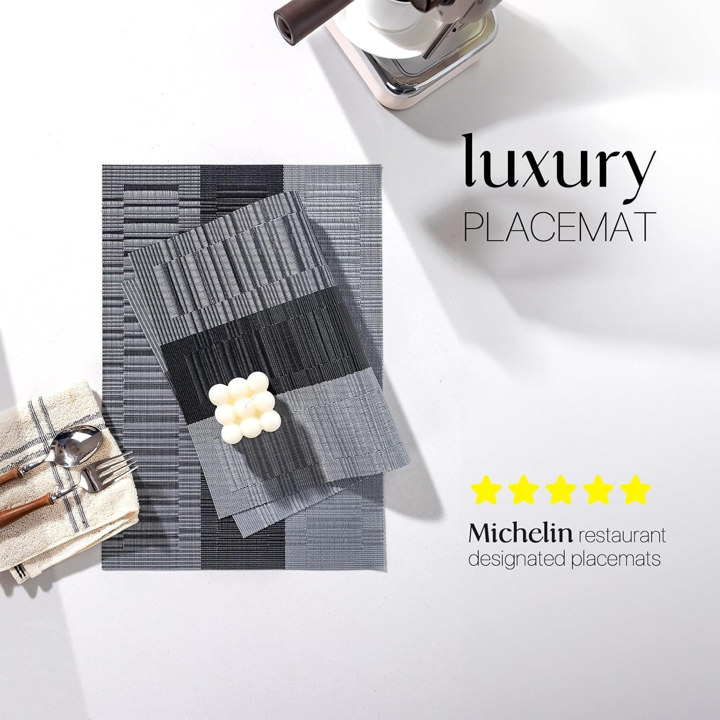 LEXMORE Placemats Set of 4 Vinyl/Plastic Woven Place Mats for Kitchen Table Indoor/Outdoor Washable Placemat Wipeable Dining Table Mats(Silver Gray Black)