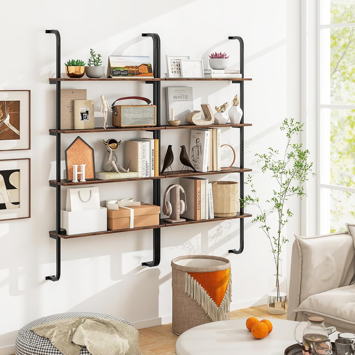 Giantex 4-Tier Industrial Bookshelf Set of 2, Wall Mounted Pipe Shelving Unit, Floating Shelves with Metal Frame, Hanging Wall Display Shelf, Wood Ladder Bookshelf for Living Room,Kitchen,Rustic Brown