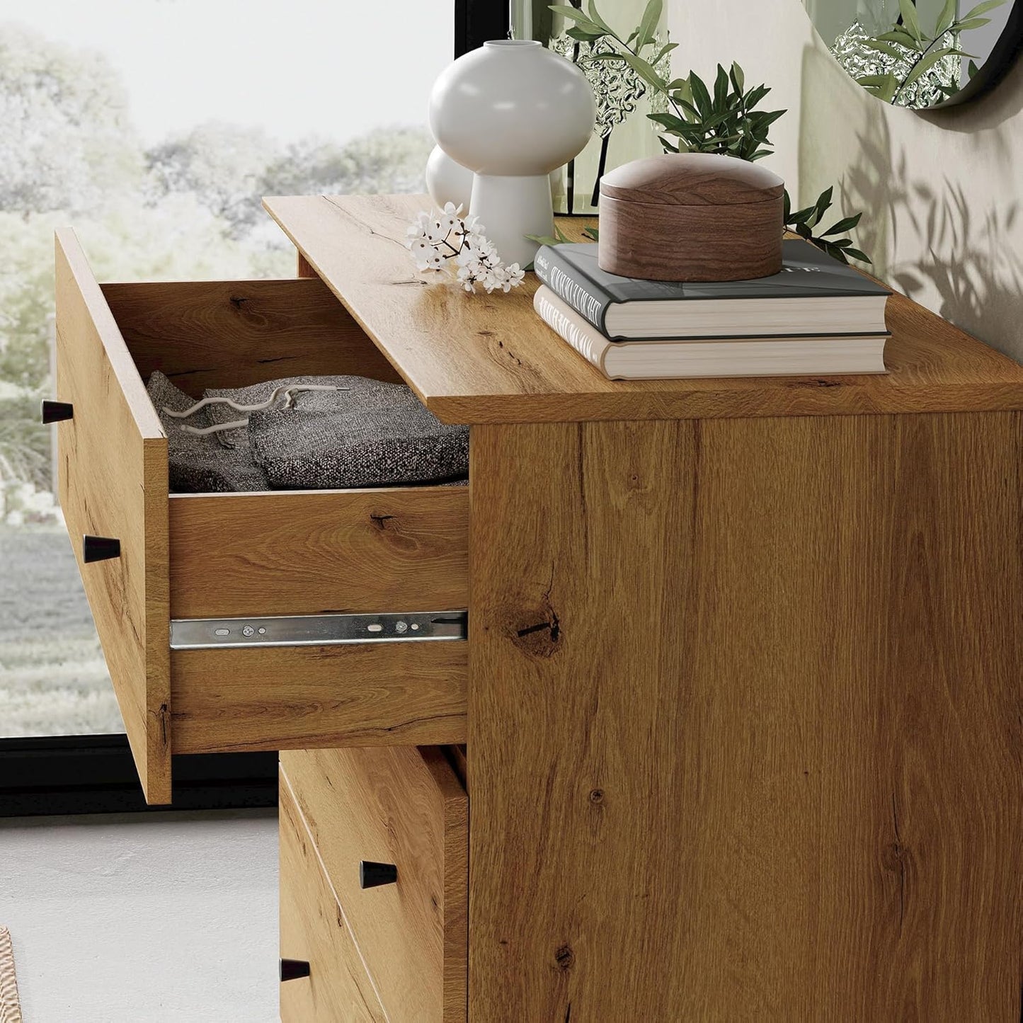 WAMPAT Dresser with 9 Drawers, Bedroom 3-in-1 Wide Wooden Chest of Drawers, Modern Long Dressers Closet Storage Organizer w/Solid Wood Legs for Living Room, Kids Room, Oak Brown,106 Inches