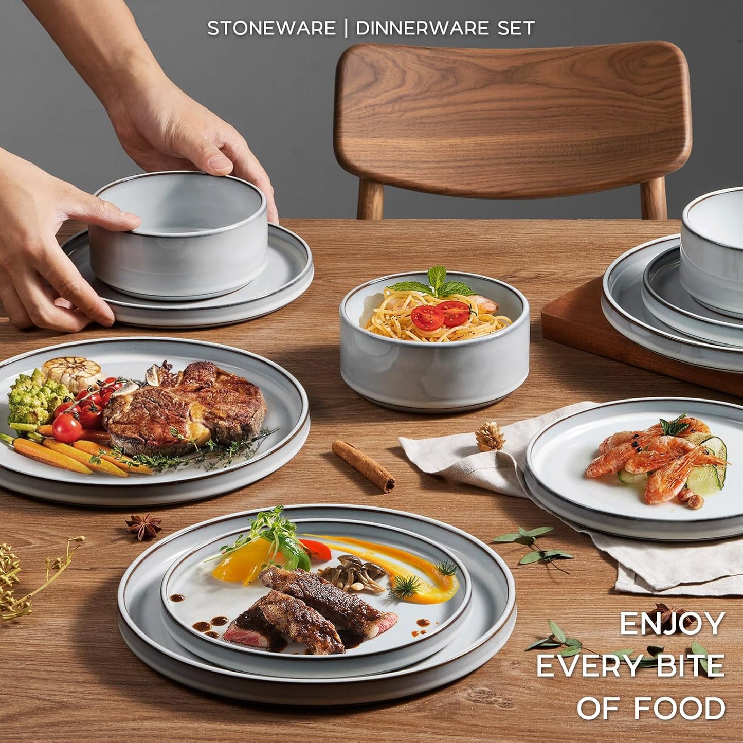 Onader Stoneware Dinnerware Sets, 12 Piece Plates and Bowls Dish Sets for 4, Ceramic Dishware Dining Ware with Rustic Terracotta Bottom - Glacier White