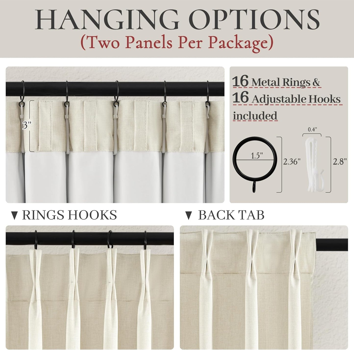 Warm Cream Insulated Thermal Textured Pinch Pleated Cafe Short Curtains 45 Inch Length,Blackout Drapes Flax Linen 2 Panels Set Bathroom/Basement/Kitchen Curtain for Small Half Window Light Beige