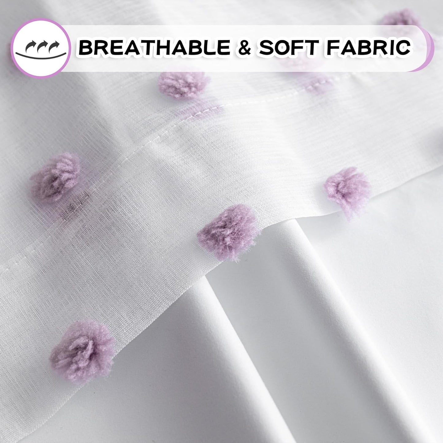 MYSKY HOME 100% Blackout Curtains for Living Room 95 Inch Long Total Light Blocking Curtains for Sliding Door 2 Panels Grommet Room Darkening Girls Bedroom Drapes with Purple Pom Pom Sheer 52 x 95 in