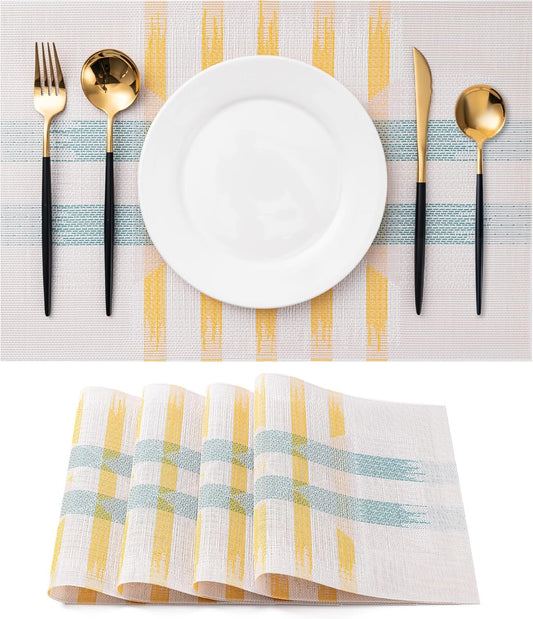 CADONO Placemats Set of 4 Washable Indoor/Outdoor Vinyl Place Mats for Dining Table Durable Non-Slip Heat Resistant PVC Weave Table Mats（Beige Green Cross）