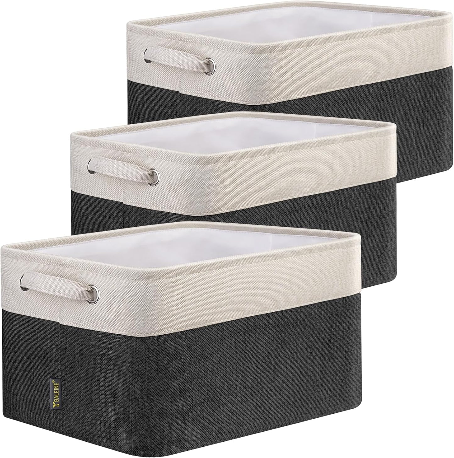 BALEINE 3 Pack Fabric Storage Bins for Shelves, Linen Storage Baskets for Organizing, Decorative Closet Bins for Clothes, Home (Black, 12"x8"x8")