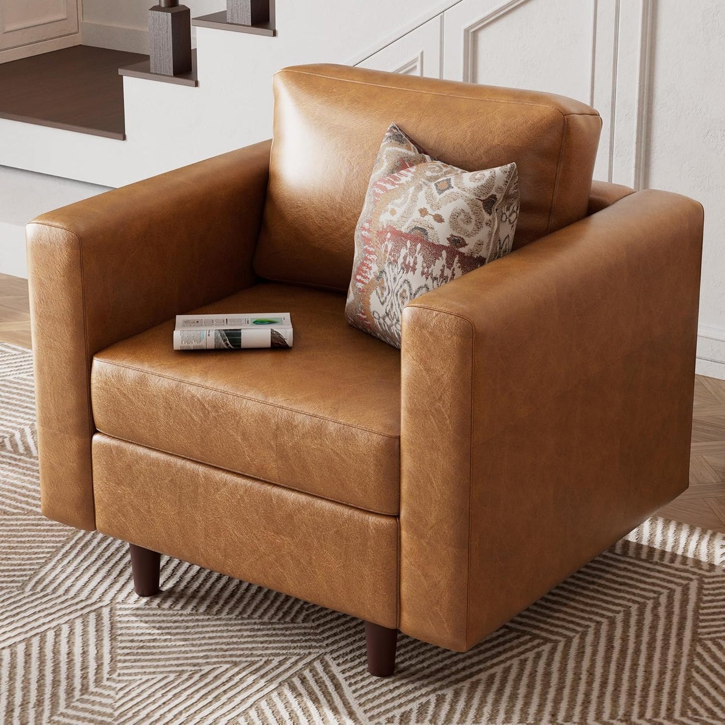 Faux Leather Oversized Accent Chair with Storage Deep Seat Single Sofa Large Reading Armchair for Living Room Bedroom Office Brown