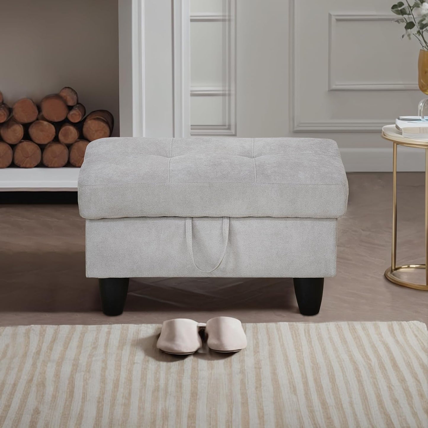 Ottoman Rectangular Storage Ottoman Bench, Flannel Footrest Stool Footstool with Lid for Living Room, Bedroom, Entryway, Khaki, 28.5"x19"x17.5"