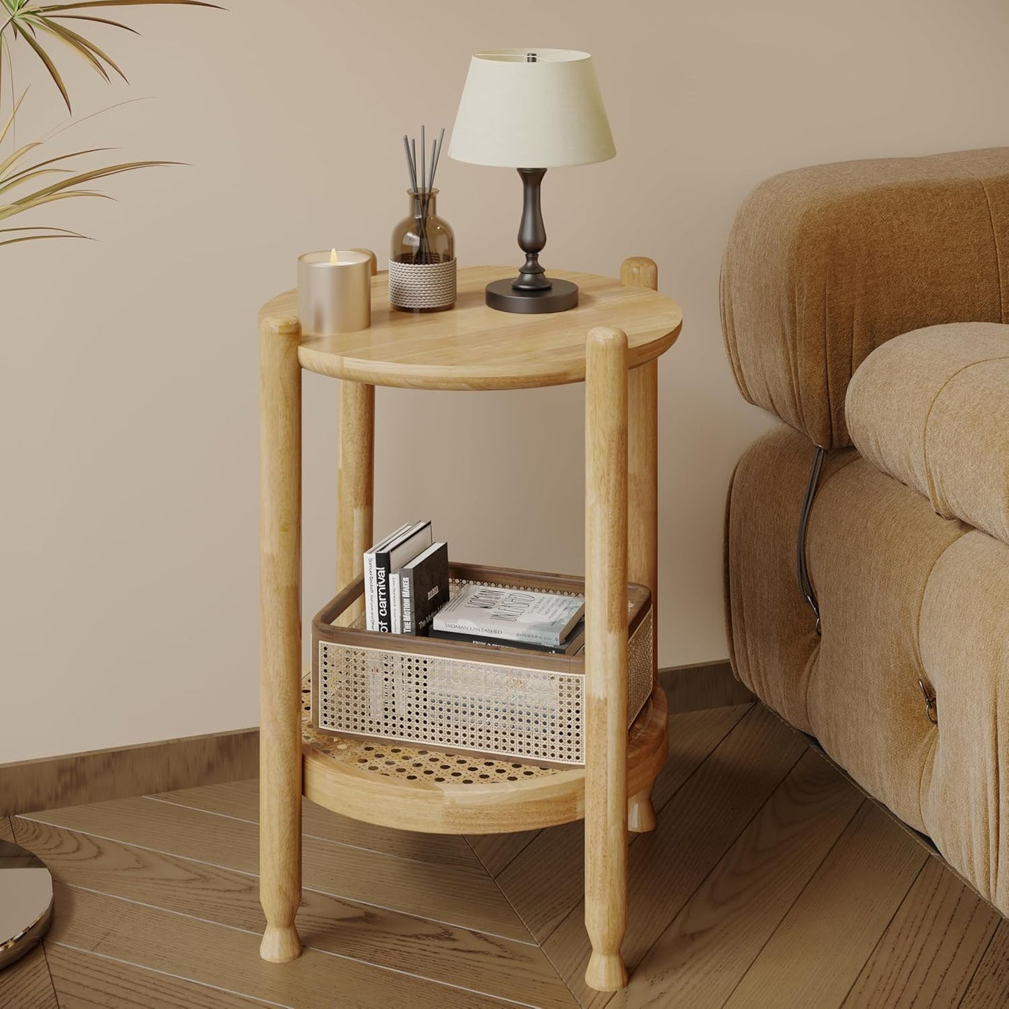 NSdirect Round End Table for Living Room, 2-Tier Rustic Wood Center Table for Home Decor with Boho Woven Rattan Storage Shelf | Modern Farmhouse Design, Easy Assembly, Oak