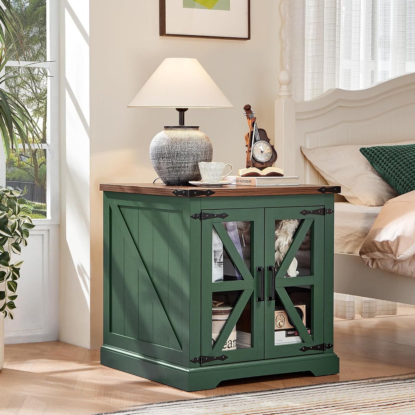24" End Table Set of 2 with Charging Station, Farmhouse Night Stand with Glass Barn Door, Nightstands with Adjustable Storage Shelf, Large Wood Square Bed Side Table for Living Room, Bedroom