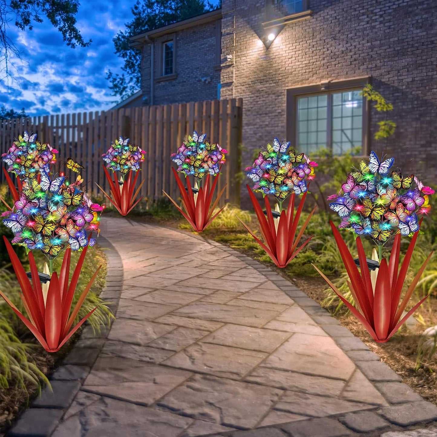 Homight Solar Metal Agave Butterfly Flower Stick Garden Sculpture - Outdoor Gift, Christmas Lights - Swaying Butterfly Garden Lights - Solar Outdoor (3 PCS RED)