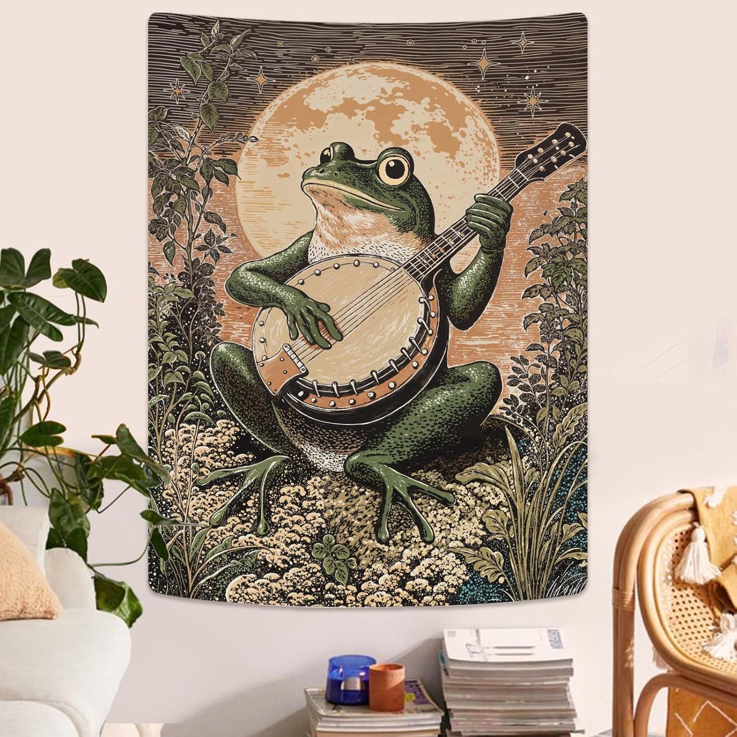 Lunerfex Moonlit Banjo Frog Wall Tapestry, Whimsical Amphibian Musician Tapestries for Room Decor, Folk Art Tapestry 36L x 48W