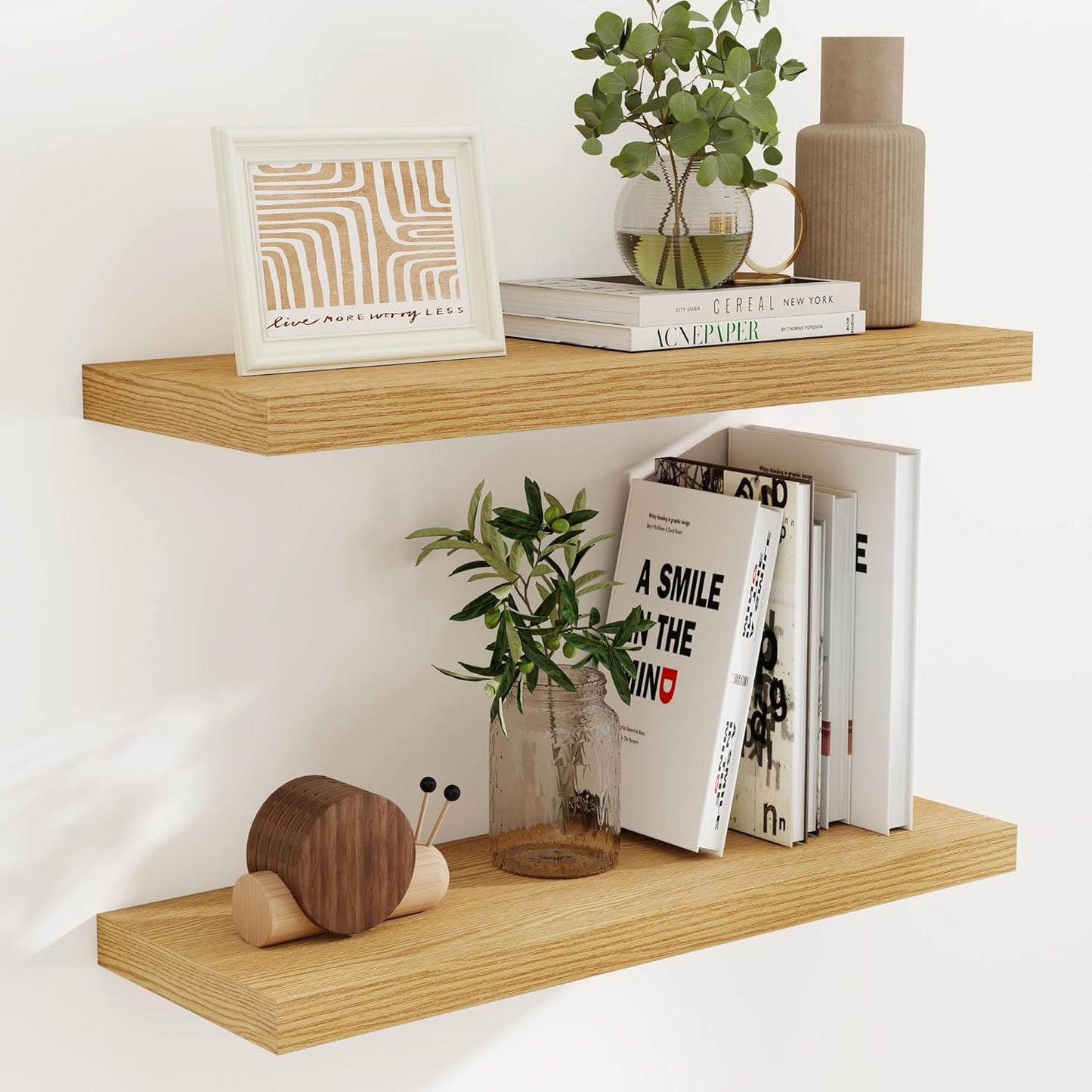 Rustic Wood Floating Shelves 32 Inch Long, 9 Inch Deep Wall Shelves for Home Decor, 32 x 9 Floating Shelf Wall Mounted Set of 2, Deep Floating Shelves for Kitchen, Bedroom, Living Room, Oak Color