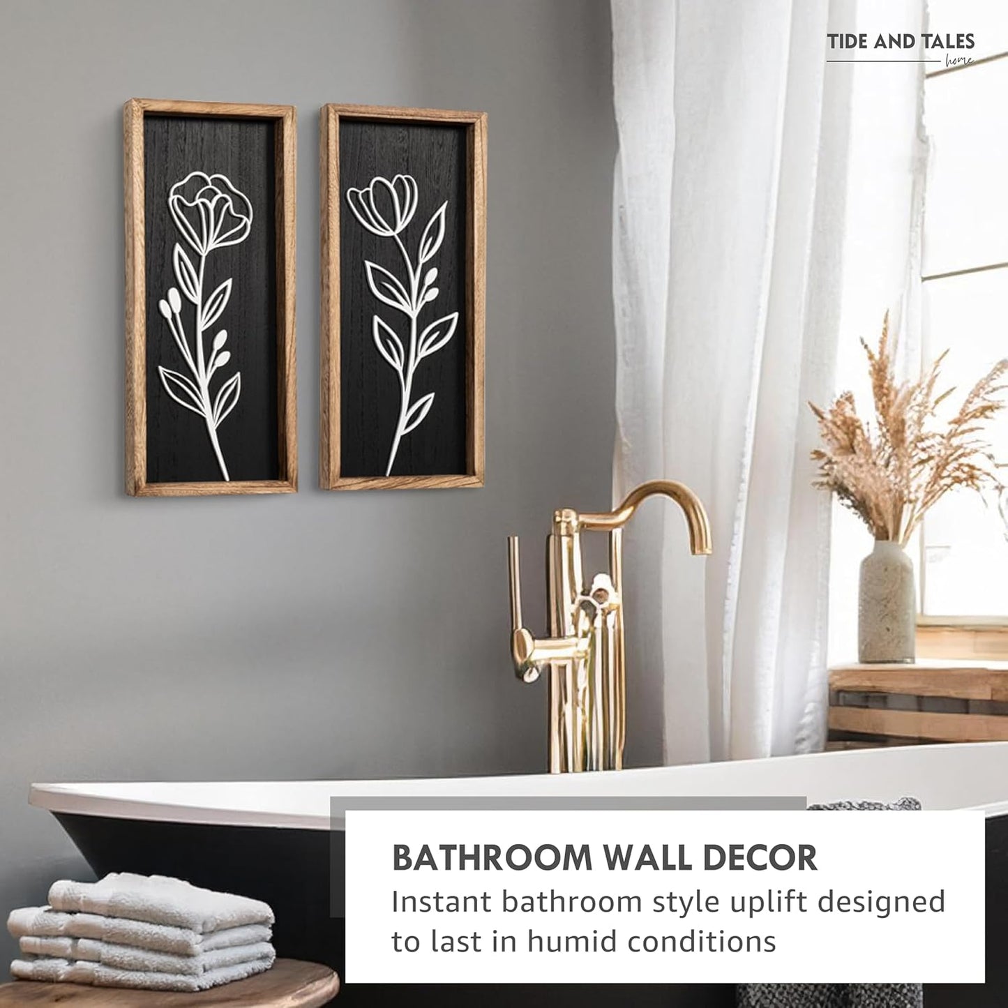 3D Vintage Black Living Room Decor (Set of 2) Lightweight, Wooden Ready-to-Hang Framed Moody Floral Wall Art for Bathroom, Bedroom or Office - Dark Textured Boho Farmhouse Wall Decor - Gift-Boxed