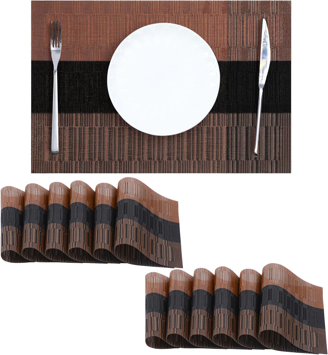 Leetaltree Brown with Black Striped Placemats Set of 12 - Heat Resistant Non-Slip Place mats for Dining Table, Washable Durable PVC Vinyl Woven Table Mats（Brown Stripe, 12）