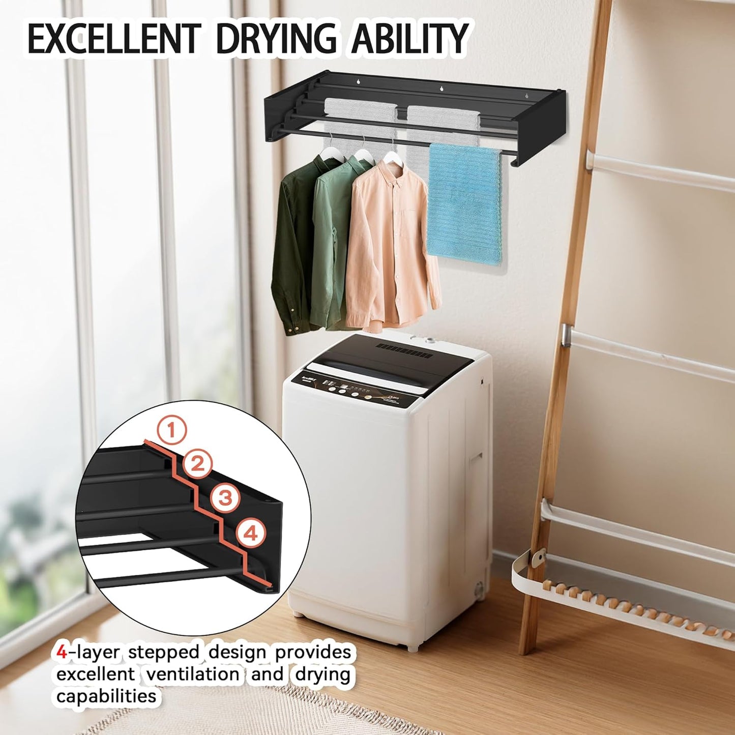 FOCHIER F Laundry Drying Rack Wall Mounted Clothes Drying Rack Collapsible with 5 Aluminum Rods and Drilling Template Long Screwdriver Bit 60 lbs Capacity (Black, 23.6“)