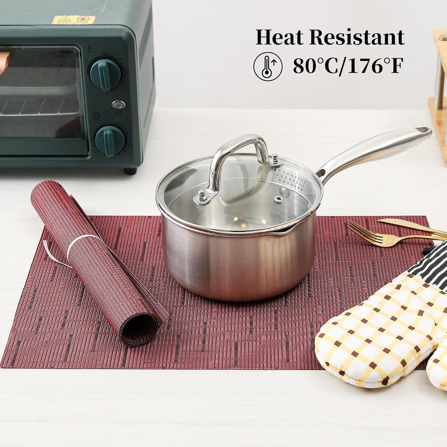 Leetaltree Burgundy Placemats Set of 6 - Heat Resistant Non-Slip Place mats for Dining Table, Washable Durable PVC Vinyl Woven Table Mats（Burgundy, 6）