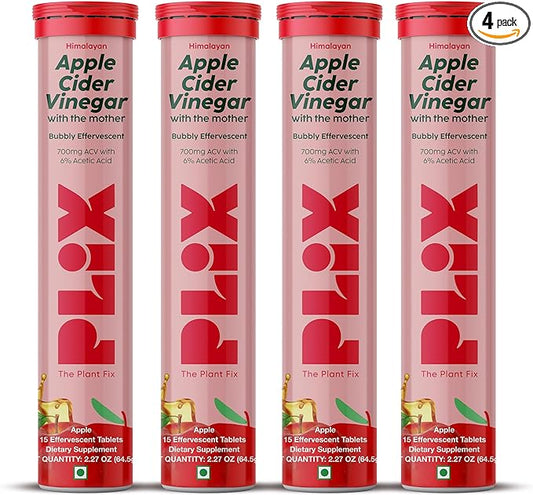 PLIX Apple Cider Vinegar Effervescent Tablets with The Mother, 700mg ACV with VIT B12, B6, Pack of 4 | Vegan, No Added Sugar, Non-GMO & Gluten-Free