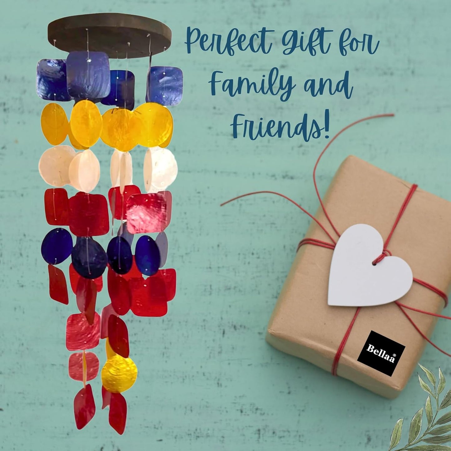 Bellaa 24872 Wind Chimes Outdoor, Garden Decorations, Musical, Indoor/Outside Windchimes, Beach, Ocean Breeze, Gifts for Mom, Gift for All Occasions, Sea Glass Shells Wood Red Blue Yellow White