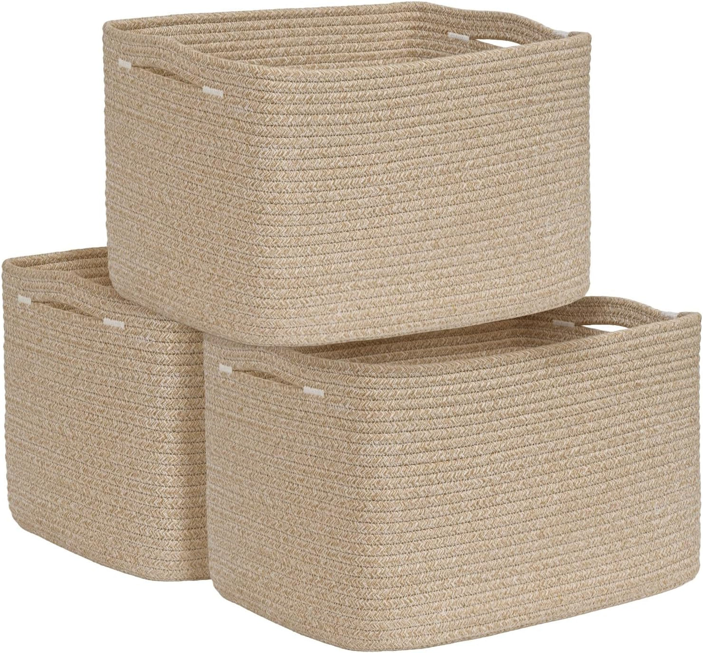 3-Pack Shelf Baskets for Organizing, Woven Storage Basket for Shelves, Cotton Rope Storage Bins for Toys Books, Nursery Towel Baskets for Classroom, 14.96"X9.8"X8.85", Brown