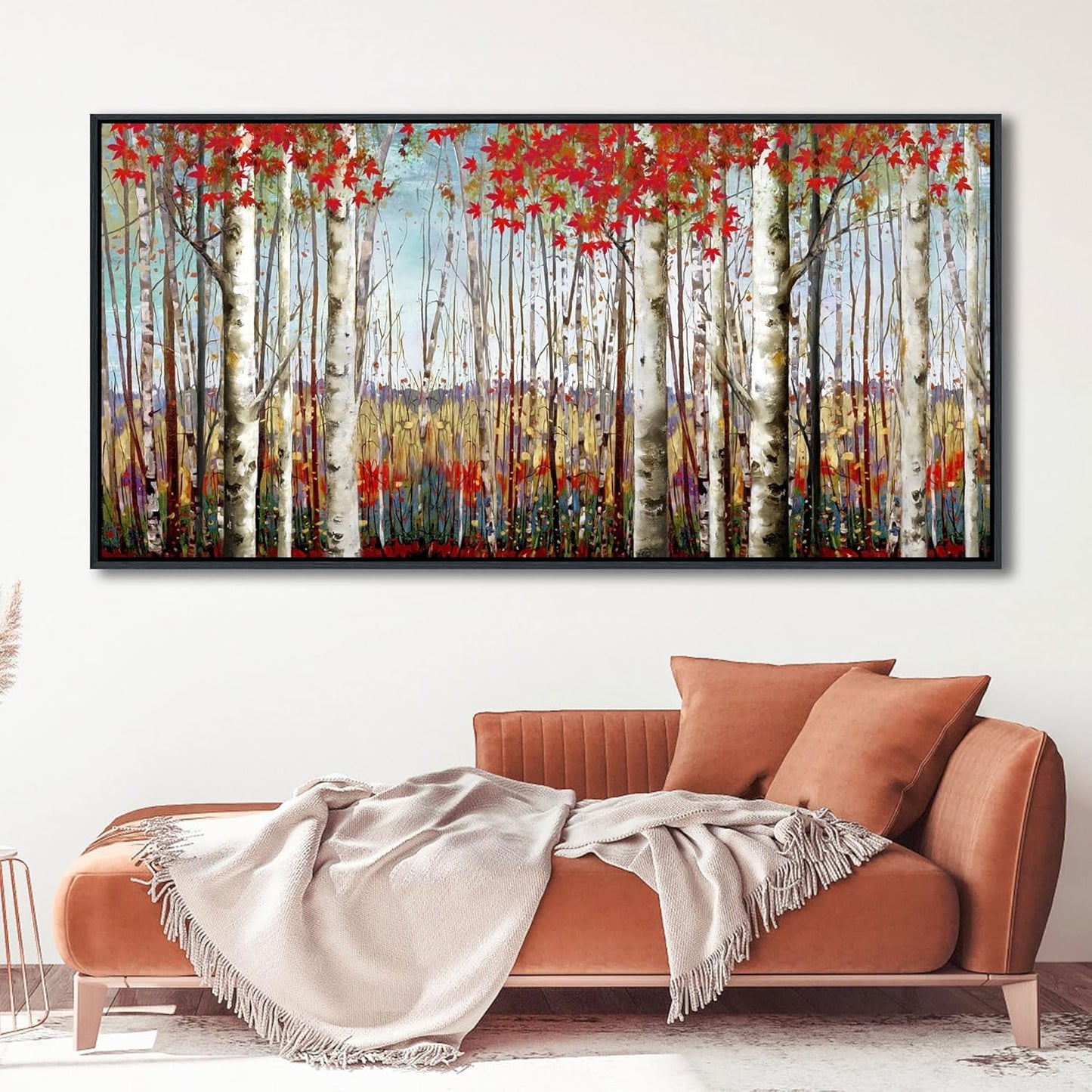Mofutinpo Large Framed Wall Decor canvas Red Leaves White Birch Tree Wall Art For Living Room bedroom rustic kitchen Modern painting Artwork 29x58 Large Size Black Framed