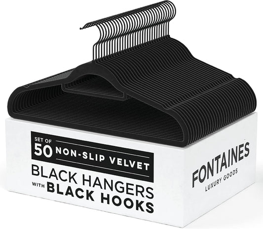 Fontaines Luxury Black Velvet Felt Non Slip Clothes Hangers 50 Pack - Ultra Slim & Space Saving - Heavy Duty Swivel Hook for Clothing, Suit, Top, Tie, Shirt, Skirt & Pant Organization