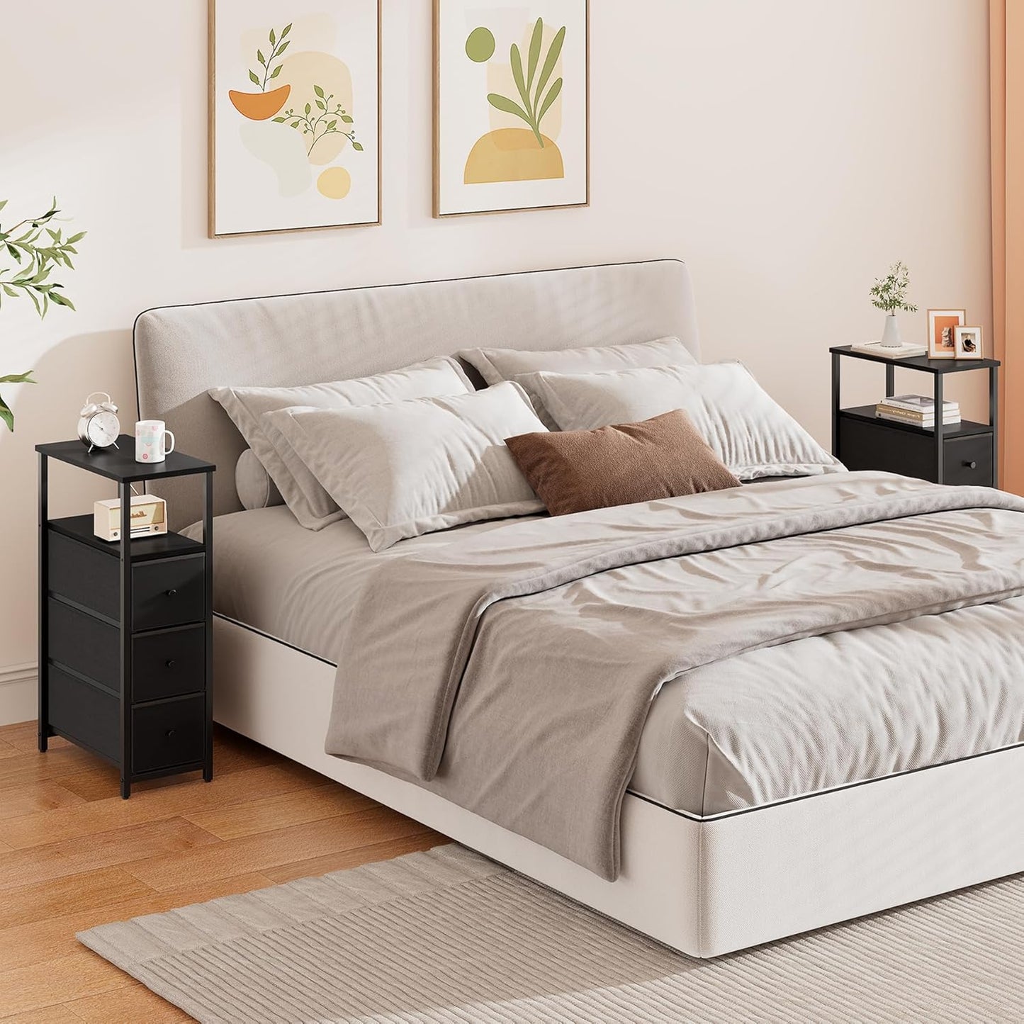 TUTOTAK Narrow Night Stand, Slim End Table, Tall Side Table with 3 Fabric Drawer, Small Bedside Table with Storage, Set of 2, for Living Room, Bedroom, Black TB01BK072