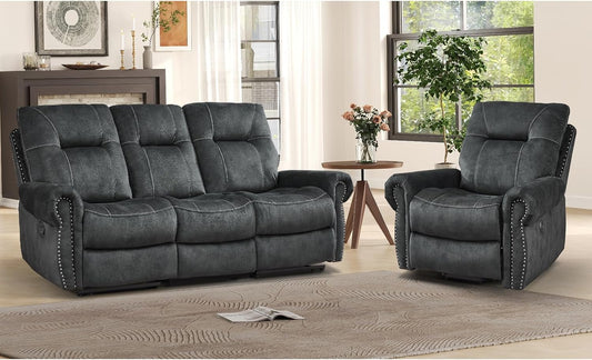 EBELLO 2 Pieces Reclining Couch Furniture Set for Living Room, 1 Seat Power Recliner and a 3 Seater Sofa, Vintage Rivet Mid-Century Design for Living Room, Grey