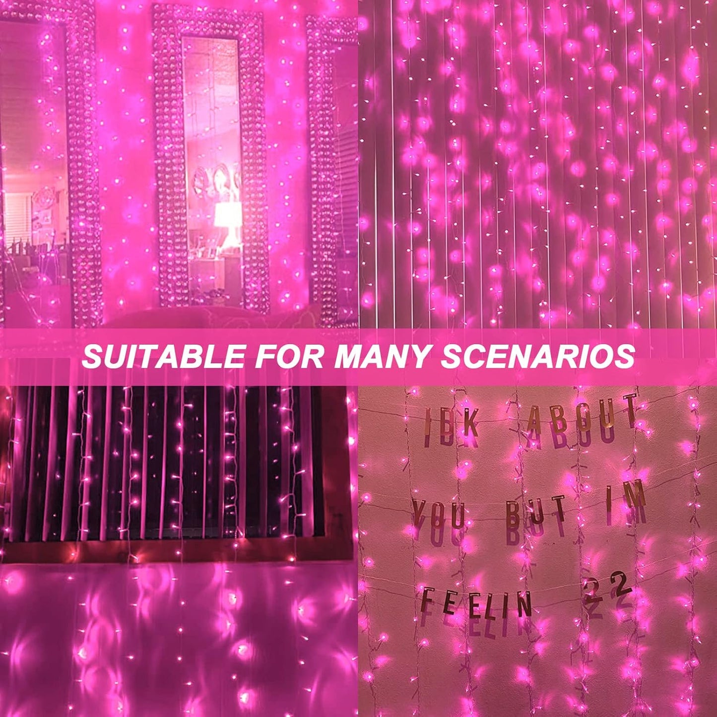 Curtain Lights, Pink Room Decor 8 Modes LED String Lights for Garden, Teen Girls' Room, Party, Window, Wall and Valentines Day Decor
