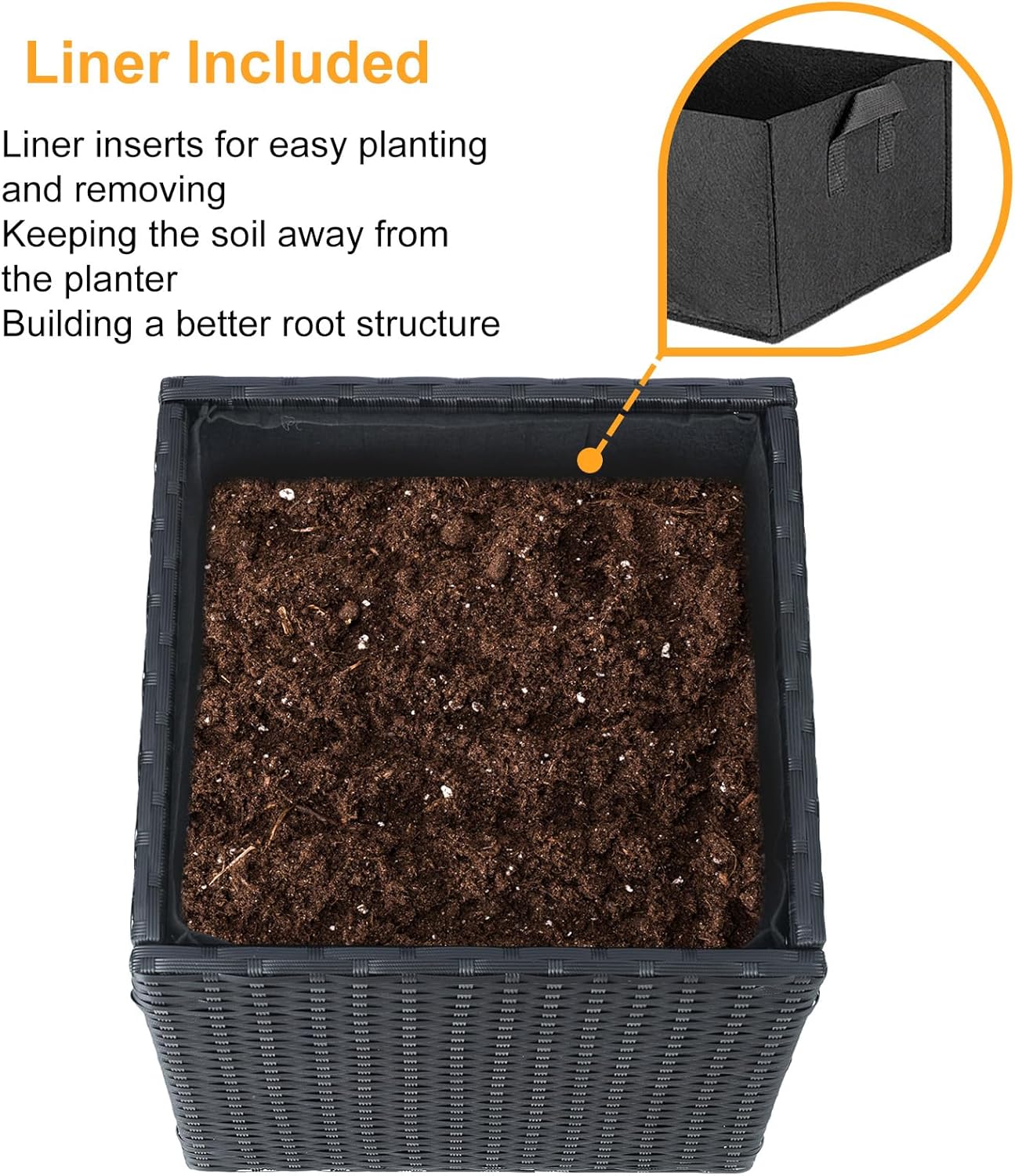 SUNNYPARK Set of 2 Large Square Planter with Removable Liner, All-Weather PE Rattan Modern Planters Indoor Outdoor Flower Plant Pots Garden Box Patio Yard Front Porch Deck