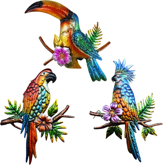 J-Fly Metal Parrot Wall Decor Tropical Outdoor Wall Decor Parrot Outdoor Wall Art Metal Bird Toucans Decor Patio Fence Garden Home Kitchen Decor 11 Inch