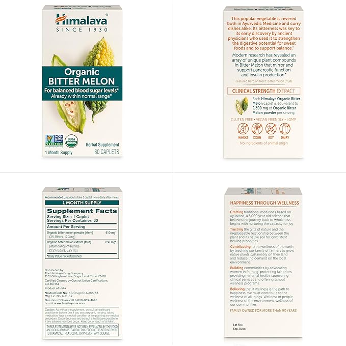 Himalaya Organic Bitter Melon for Glucose 660 mg, 60 Caplets, 1 Month