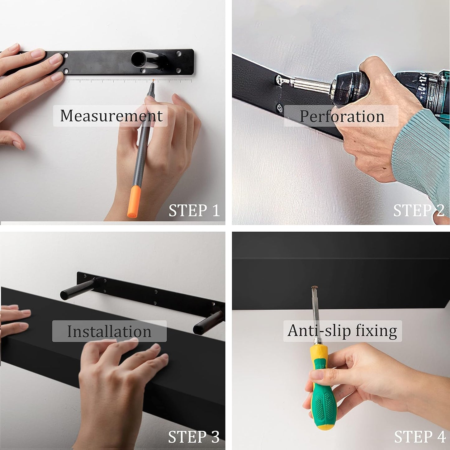 BAMEOS Floating Shelves, Black Wall Mounted Wooden Shelves with Invisible Brackets Set of 2, Hanging Wall Shelves Decoration for Bedroom, Bathroom, Living Room and Kitchen