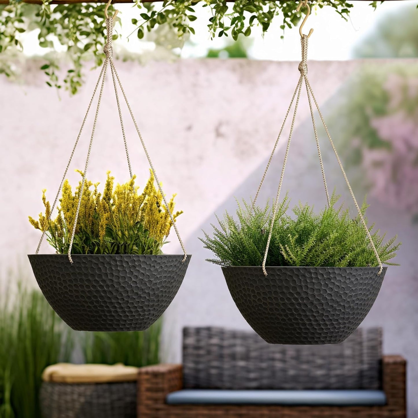 LA JOLIE MUSE Hanging Planters for Outdoor Plants, Large Hanging Planter with Drain Holes, Outdoor Hanging Flower Pots, Matte Black, Honeycomb (13.2 Inch, Set of 2)