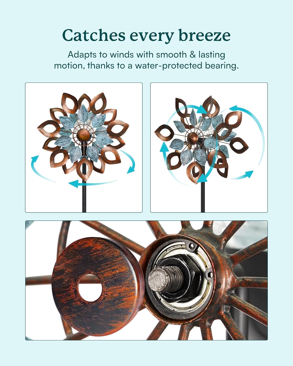 Copper Wind Spinners Outdoor 74 Inches with Solar LED Light, Kinetic Dual Wind Sculptures & Spinners for Yard Lawn Garden Decor, Large Metal Clearance Windmill with Bronze Leaf