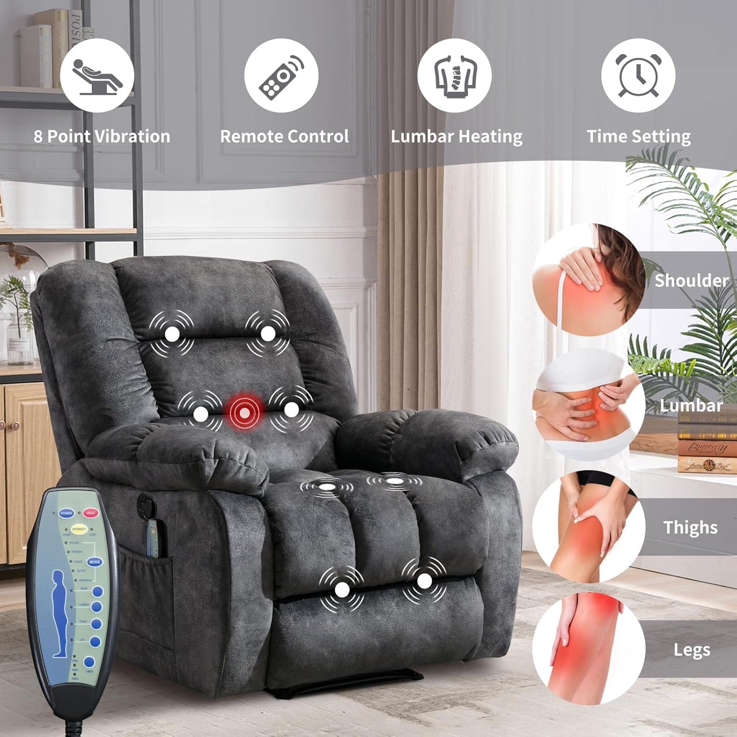 Massage Recliner Chair with Heat and Massage, Soft Fabric Ergonomic Manual Reclining Chairs, Heavy Duty Reclining Sofa Chair with Side Pockets for Living Room (D-Grey)