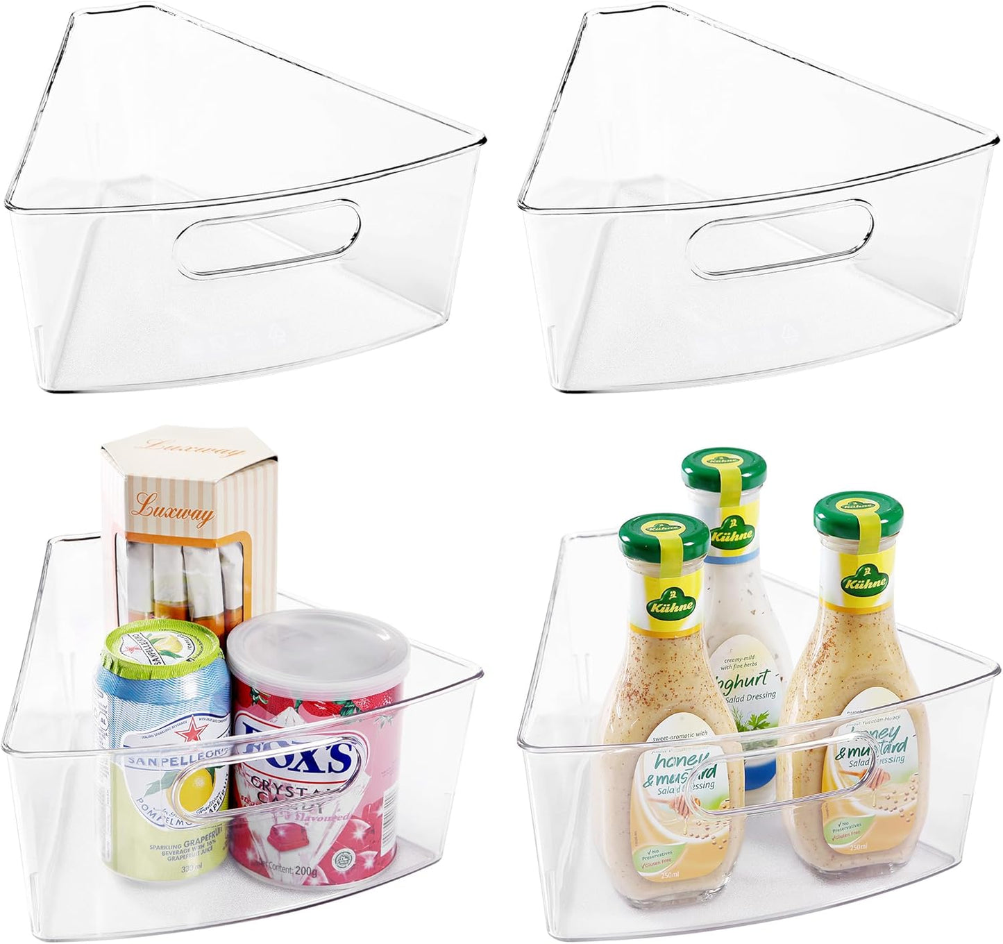 Oubonun Lazy Susan Organizers Set of 4, 10.2”x 9.4”x 4” Plastic Transparent Kitchen Cabinet Storage Bins with Handle, 4" Deep Container, 1/8 Wedge - Food Safe, without BPA